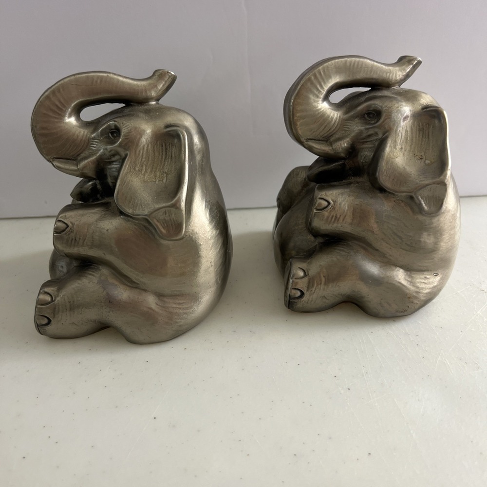 Vintage Silver Elephant Figurines Set of 2 Trunks Up Good Luck Statues-Bookends - Picture 9 of 11